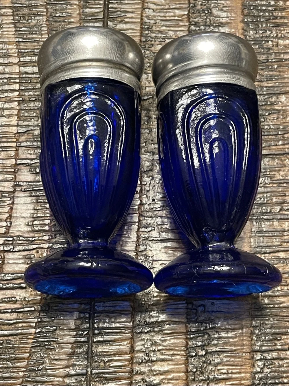 Vintage Cobalt Blue Glass Salt Pepper Shakers Art Deco Design